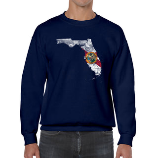 Florida Distressed State Flag Outline Crewneck Sweatshirt - Navy