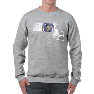 Massachusetts Distressed State Flag Outline Crewneck Sweatshirt - Sport Grey