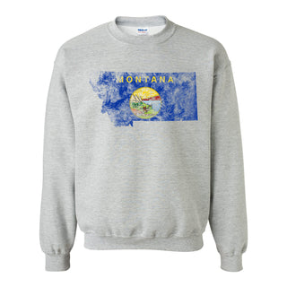 Montana Distressed State Flag Outline Crewneck Sweatshirt - Sport Grey