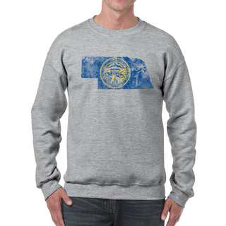 Nebraska Distressed State Flag Outline Crewneck Sweatshirt - Sport Grey