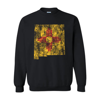 New Mexico Distressed State Flag Outline Crewneck Sweatshirt - Black