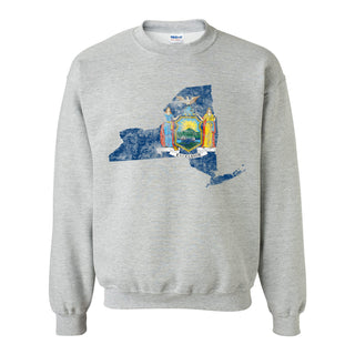 New York Distressed State Flag Outline Crewneck Sweatshirt - Sport Grey