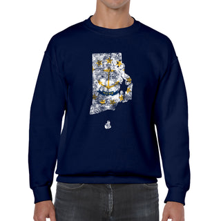 Rhode Island Distressed State Flag Outline Crewneck Sweatshirt - Navy