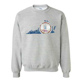 Virginia Distressed State Flag Outline Crewneck Sweatshirt - Sport Grey
