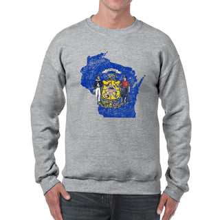 Wisconsin Distressed State Flag Outline Crewneck Sweatshirt - Sport Grey