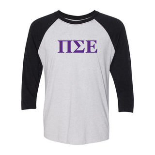 Pi Sigma Epsilon Greek Letter NLA 3/4 Sleeve Raglan T-Shirt - Heather White / Vintage Black
