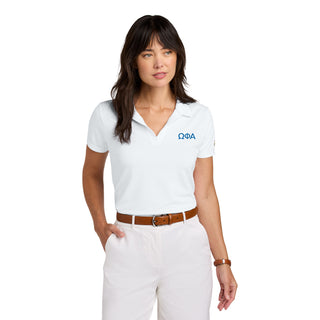 Omega Phi Alpha Greek Letter Block LC Brooks Brothers Women’s Mesh Pique Performance Polo - White