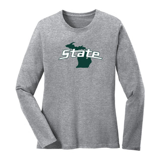 MSU State Outline Logo Womens Long Sleeve - Athletic Heather