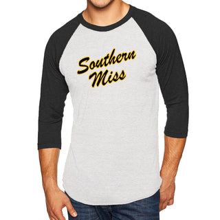 Southern Mississippi Script Logo 3/4 Sleeve Raglan T-Shirt - Htr White/Vtg Black