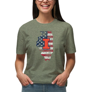 Illinois Patriotic State Silhouette T-Shirt - Heather Military