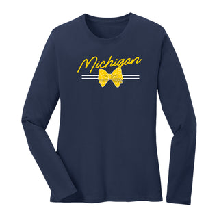 Michigan Bow Script Womens Long Sleeve - Navy