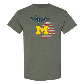 Michigan Patriotic State Silhouette T-Shirt - Heather Military Green