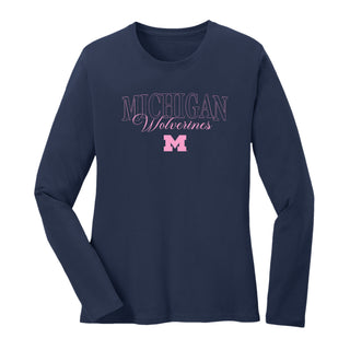 Michigan Pink Outline Womens Long Sleeve - Navy