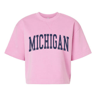 Michigan Enmeshed Mega Arch Women's French Terry Mid-Length Boxy Top - Powder Pink