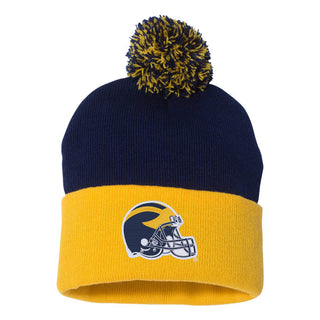 Michigan Football Helmet EMB Knit Pom Beanie - Navy/Gold