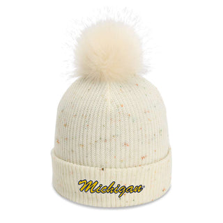 Michigan Script Wordmark Montage Pom Cuffed Beanie - Putty