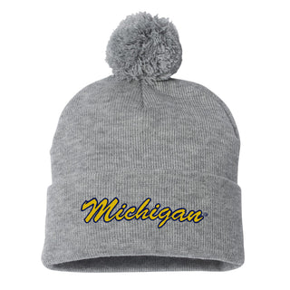 Michigan Script Wordmark Pom-Pom Cuffed Beanie - Light Heather Grey