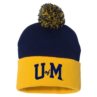 Michigan Initial Wordmark Pom-Pom Cuffed Beanie - Navy/Gold