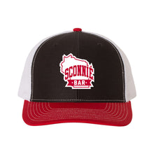 Load image into Gallery viewer, Sconnie Bar Snap Back Trucker Cap - Black/White/Red