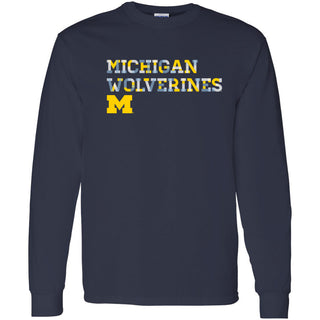 University of Michigan Wolverines Patchwork Cotton Long Sleeve T Shirt - Navy